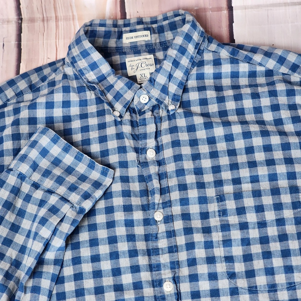 J Crew Mens Size XL Short Slim Untucked Cotton Stretch Secret Wash Shirt Gingham